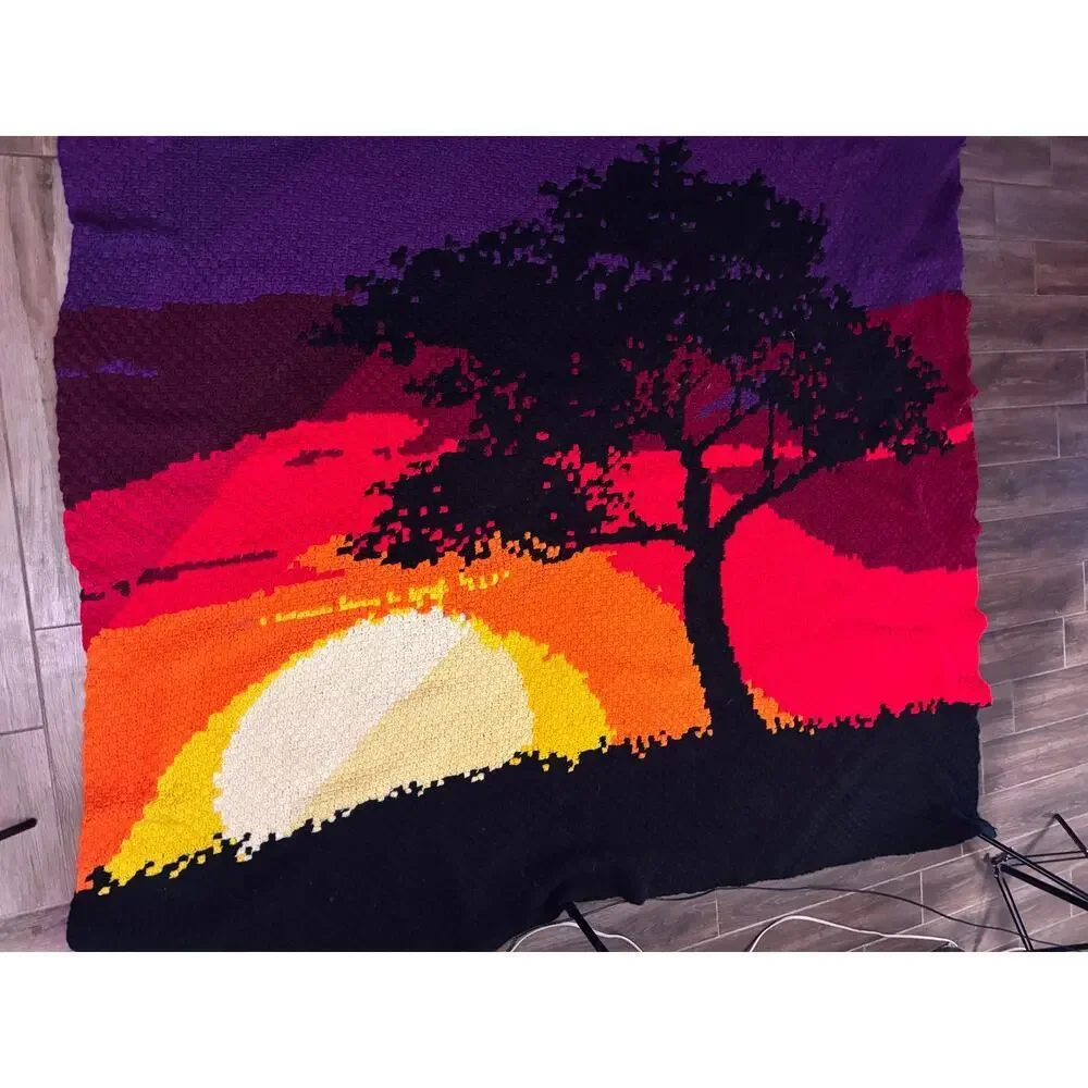 Vintage Crochet Summer Sunset Landscape‎ Afghan Tapestry Throw Blanket Handmade